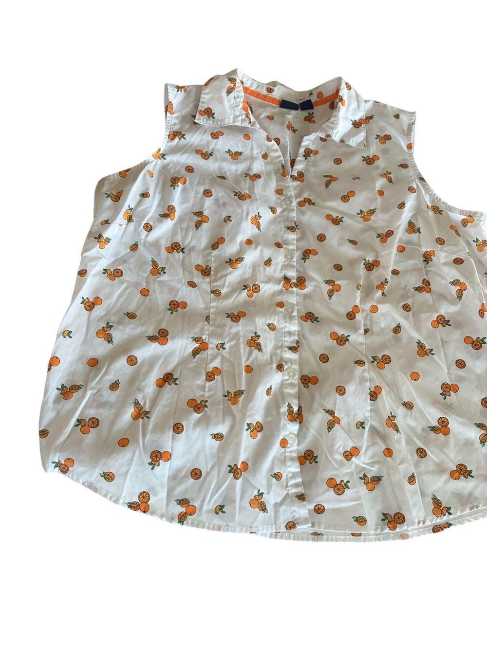 Plus size 2X oranges print sleeveless button up blouse cotton blend vacation